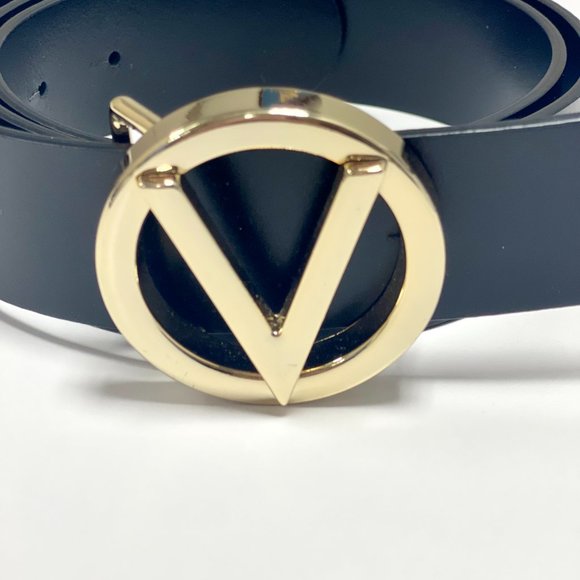 Valentino Giusy V-Logo Black Gold Leather Belt (Size M) - Picture 3 of 8